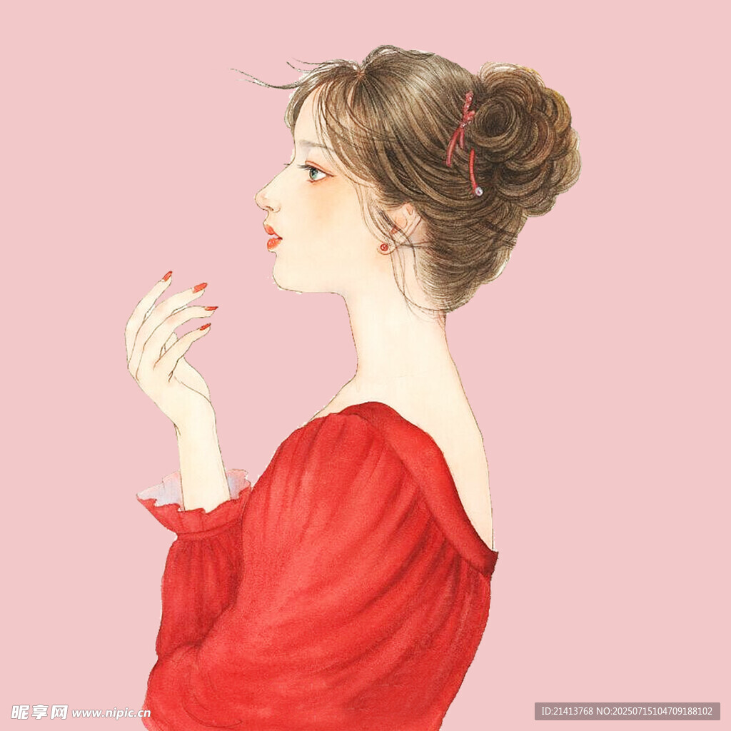 红衣女子优雅侧颜特写