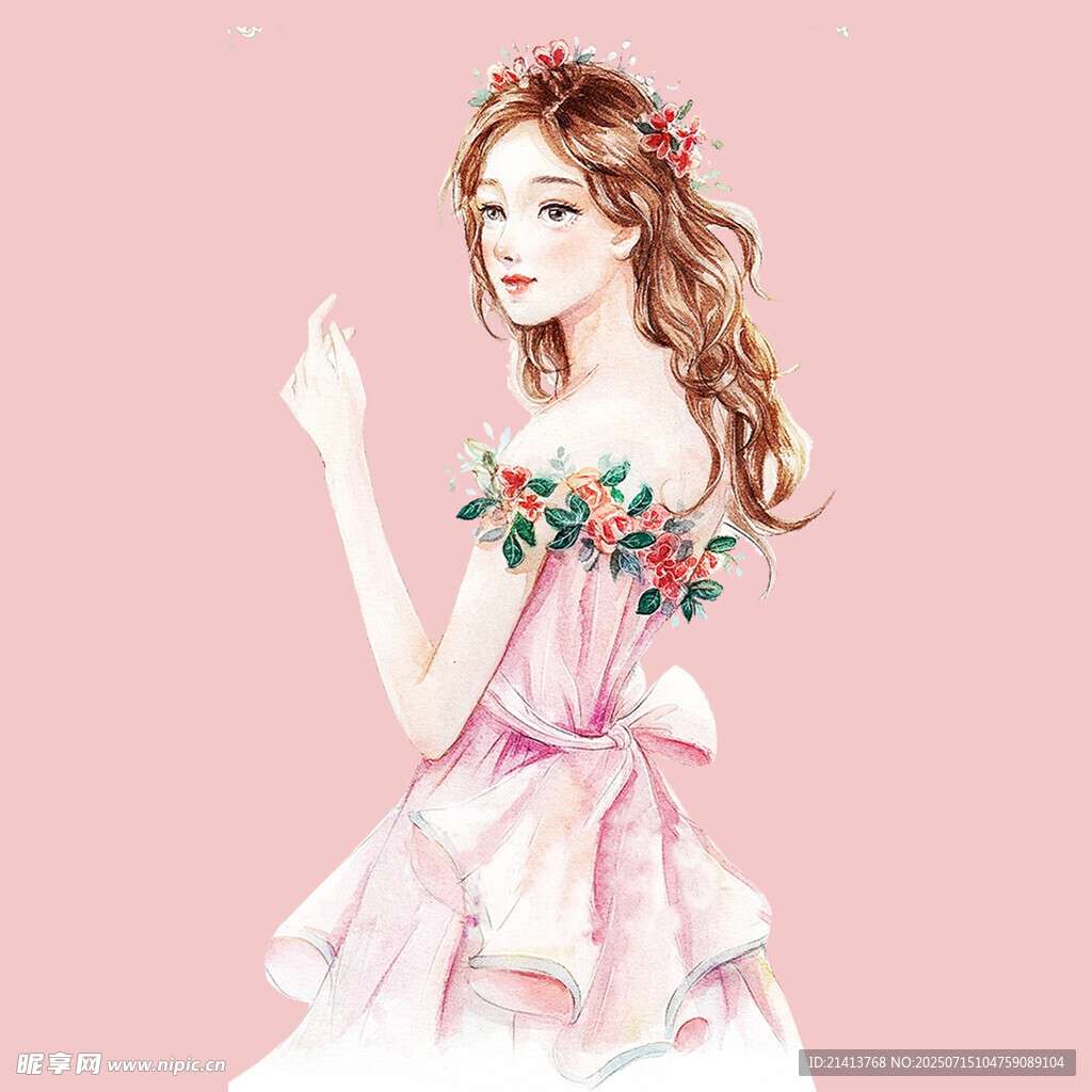 粉色花裙少女优雅姿态