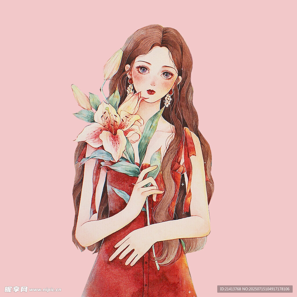 手持花束的红衣优雅女孩