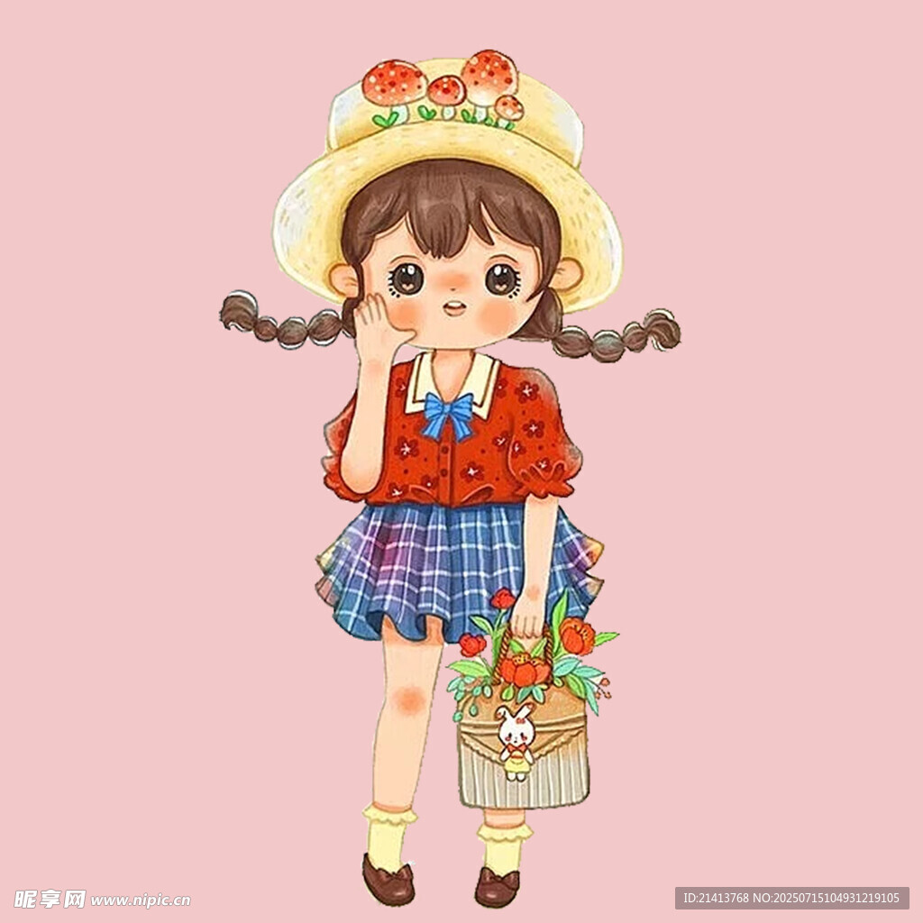 戴草帽的可爱购物女孩