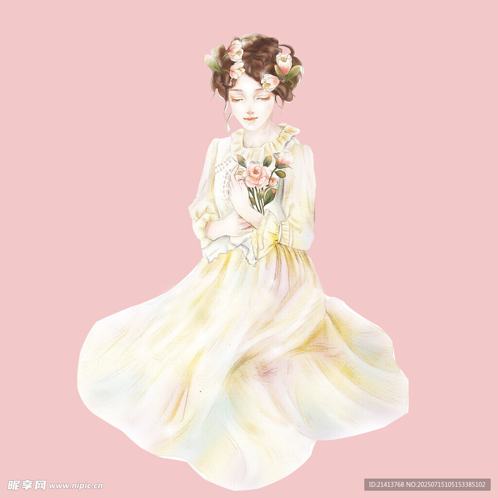 古典优雅持花女子插画