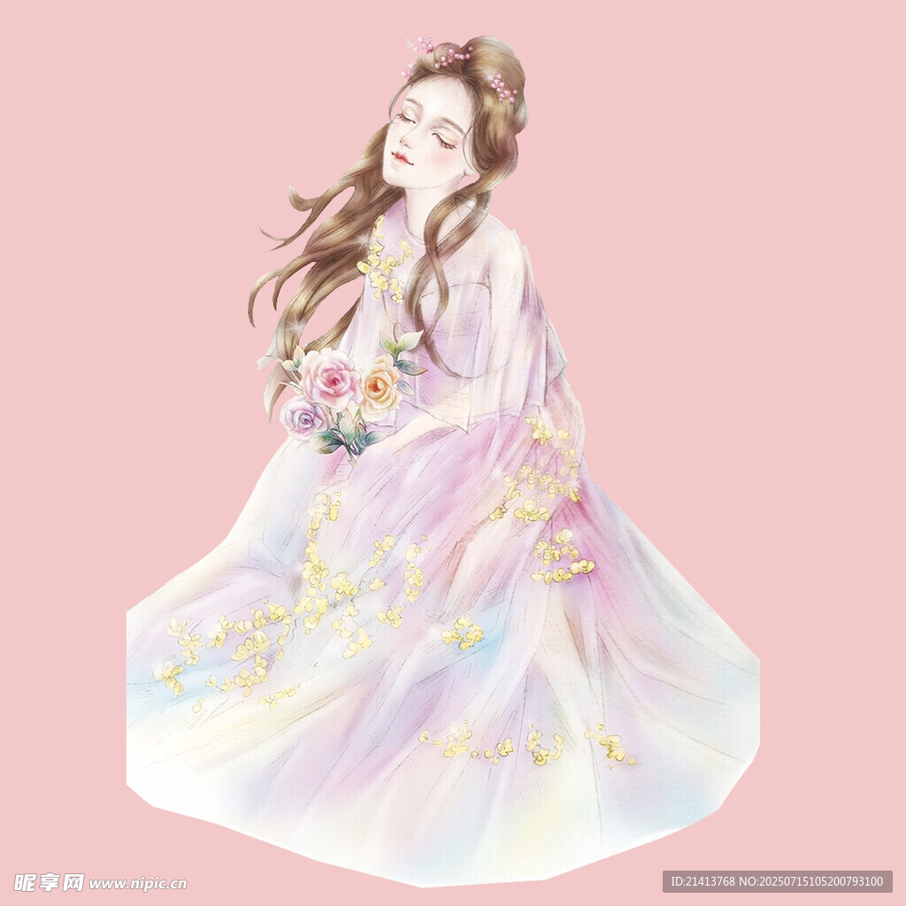 梦幻古风长裙女子插画