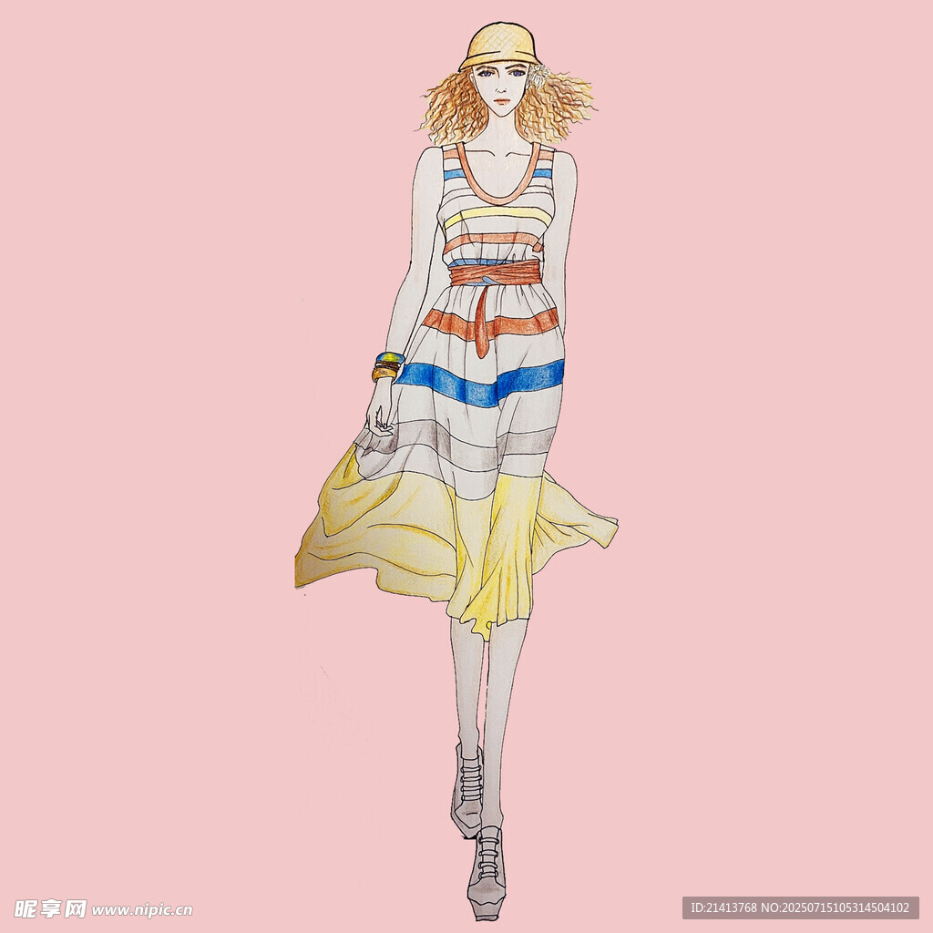 时尚彩色条纹裙模特插画