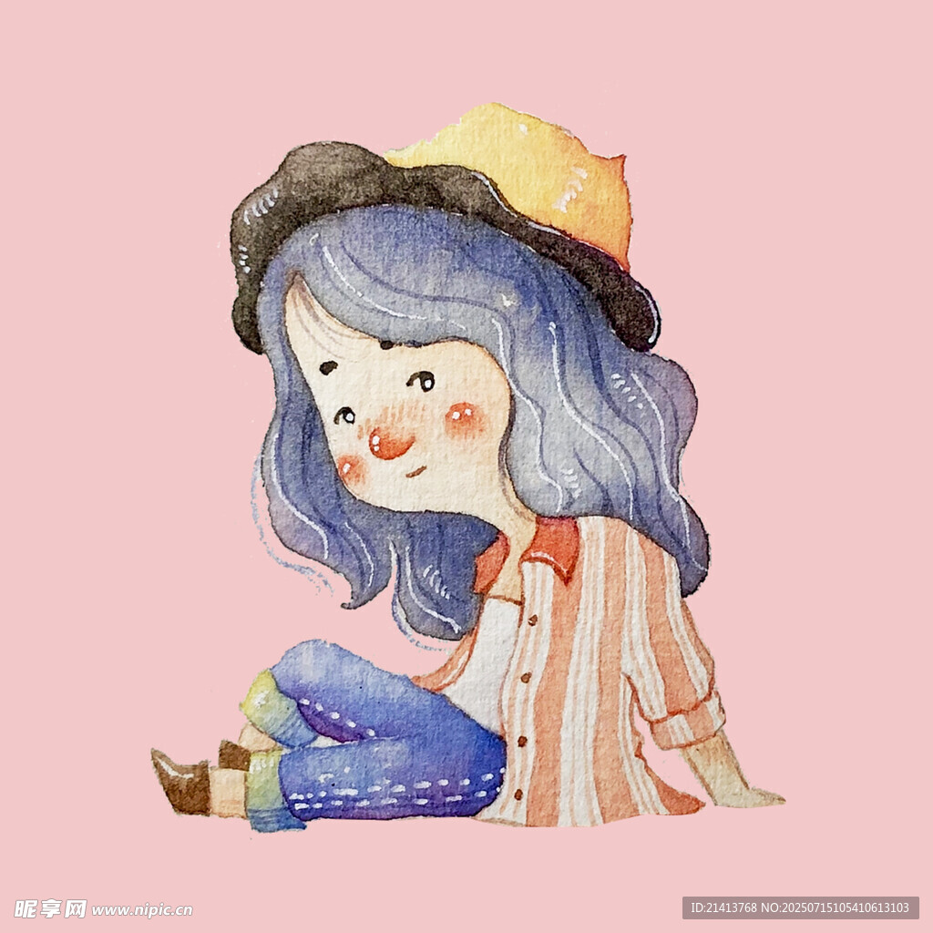 戴帽蓝发女孩的可爱插画