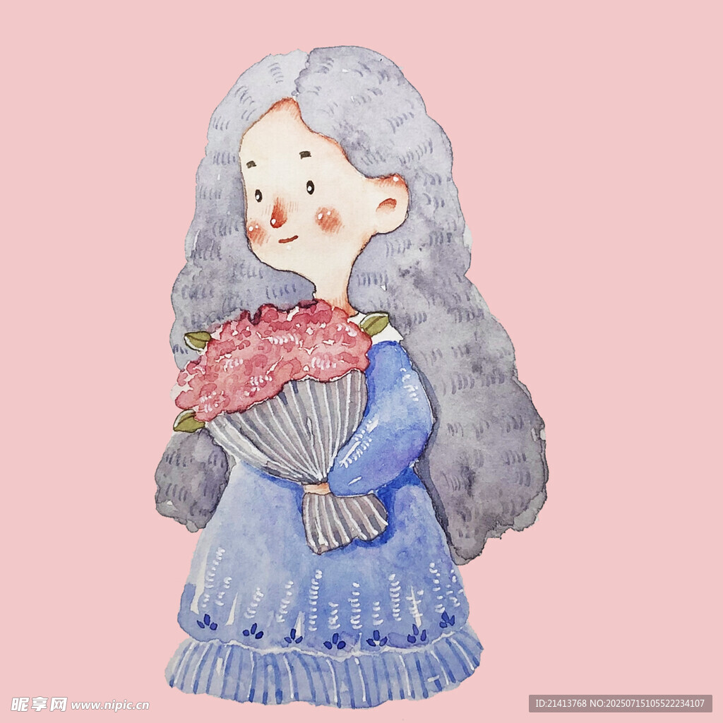 抱花的蓝发女孩