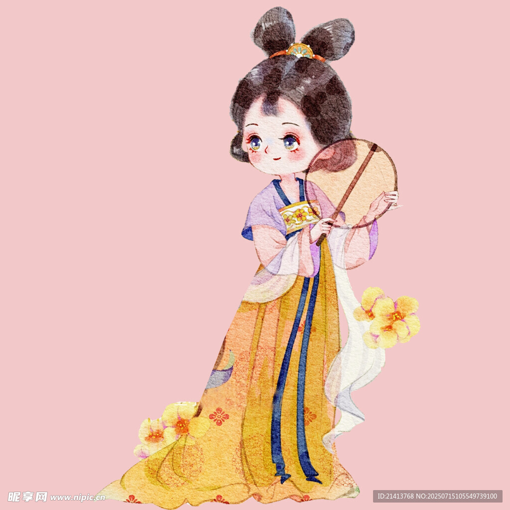 古风汉服少女持扇赏景