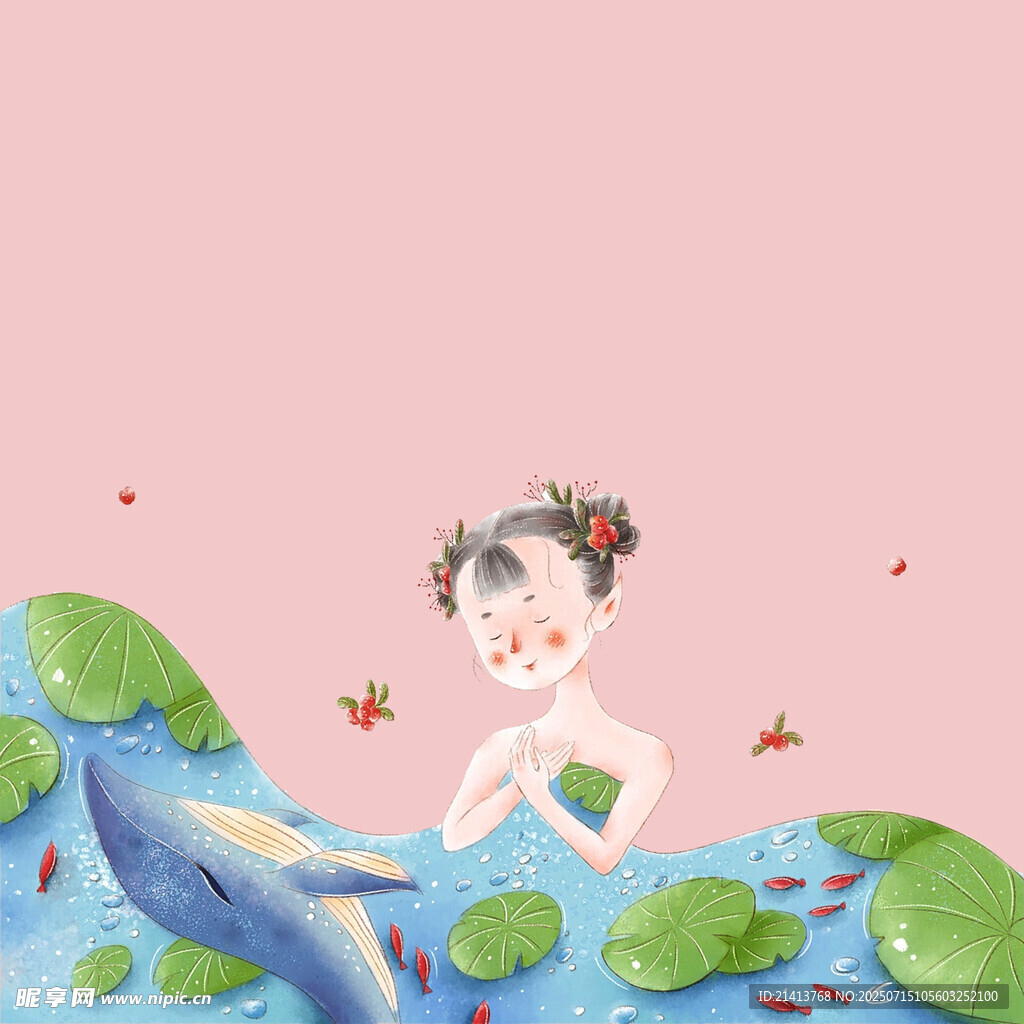 荷塘中的古装少女与海豚