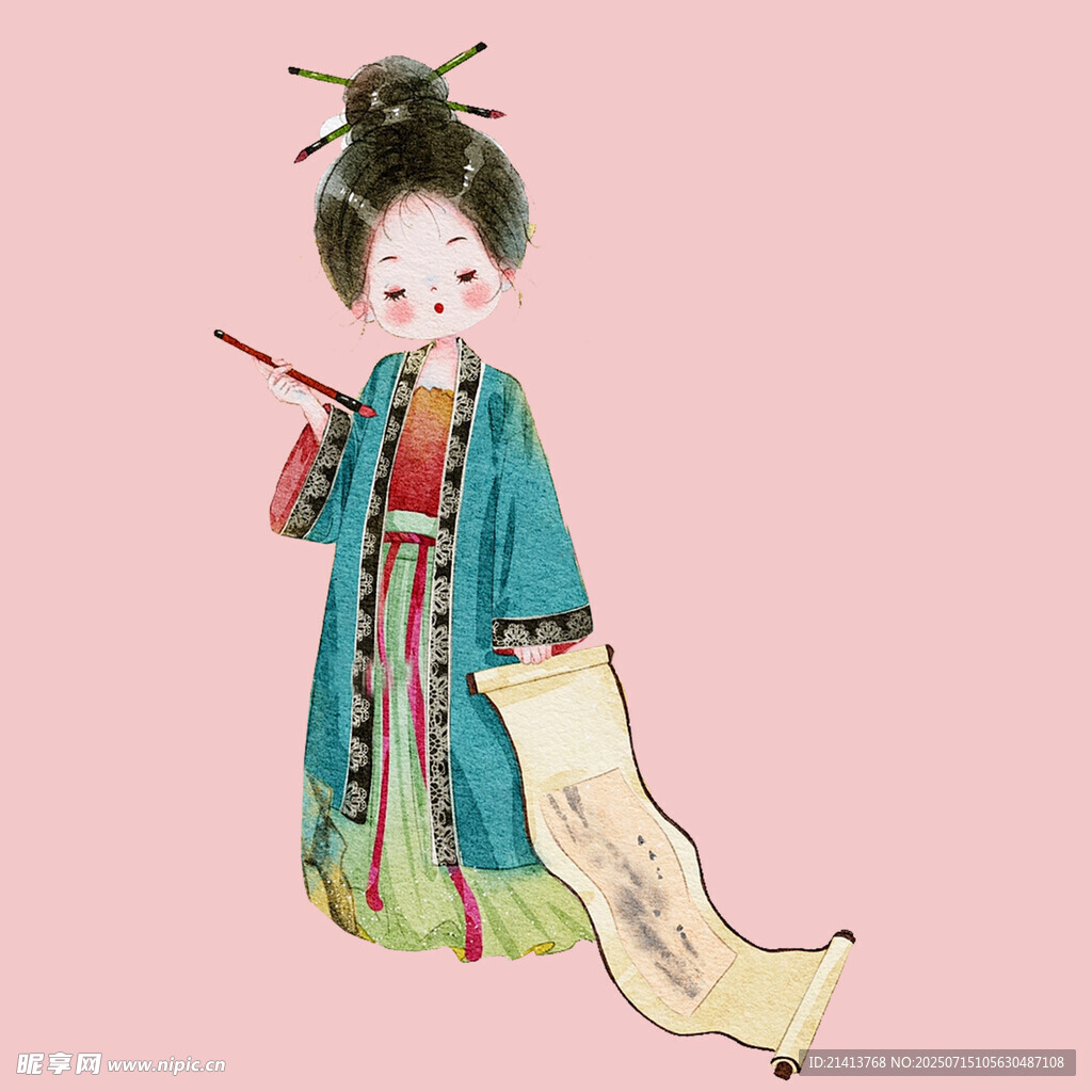 古风持笔仕女插画形象