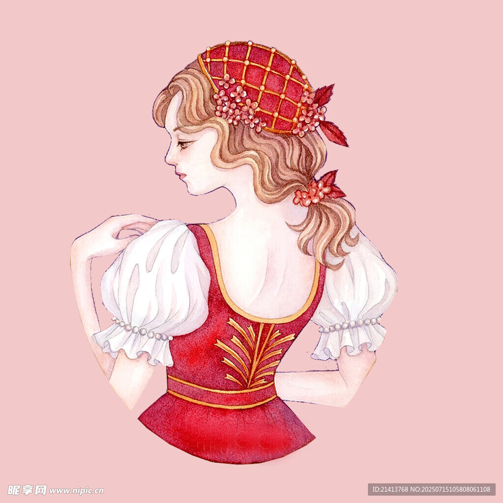 复古风红裙少女优雅侧影
