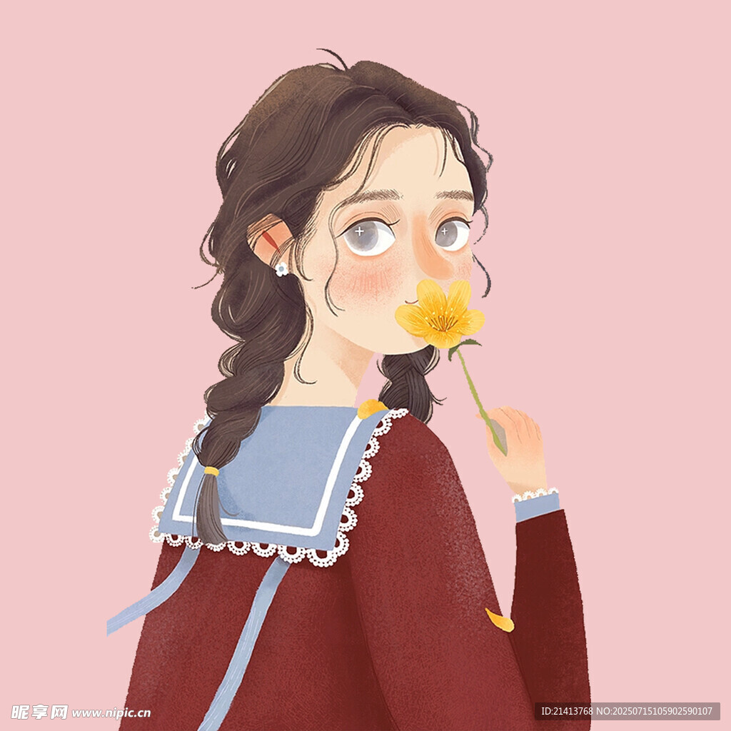 手持黄花的双麻花辫女孩