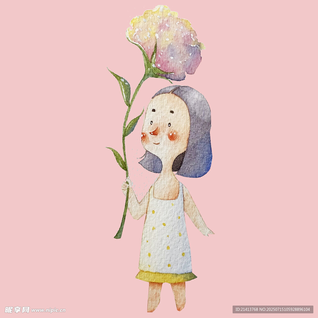 手持花朵的可爱卡通女孩