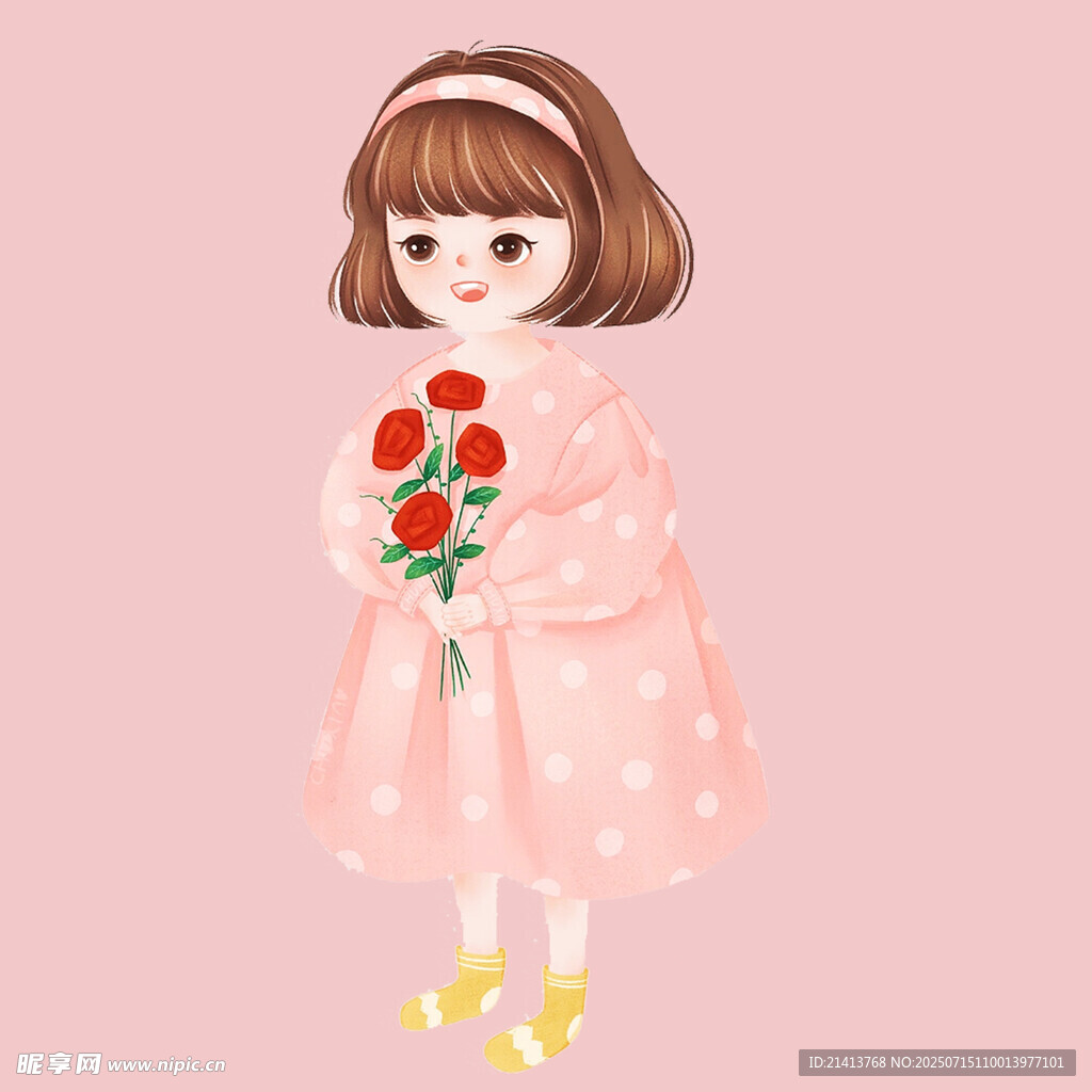 抱花的粉色波点裙小女孩