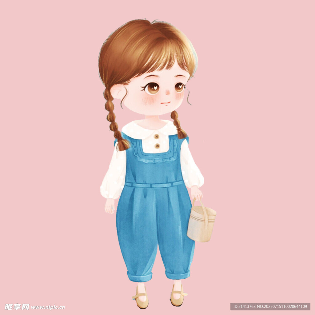 扎辫穿背带裤的可爱女孩
