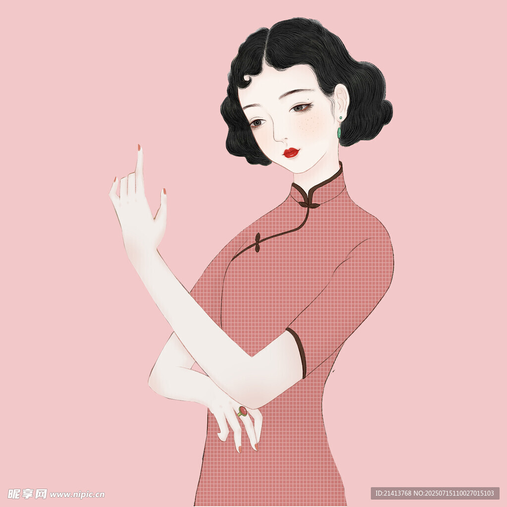 复古旗袍女子优雅姿态