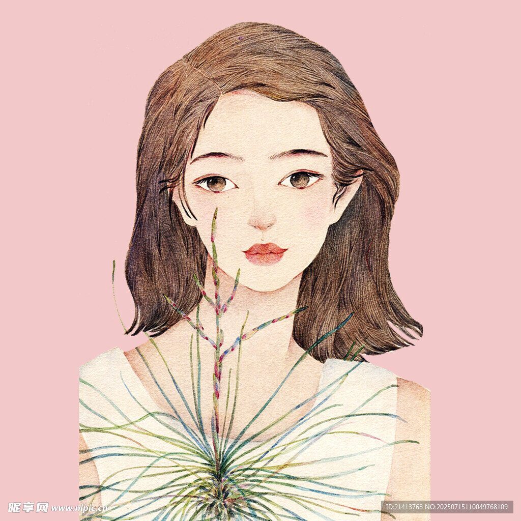 手持植物的优雅女性插画