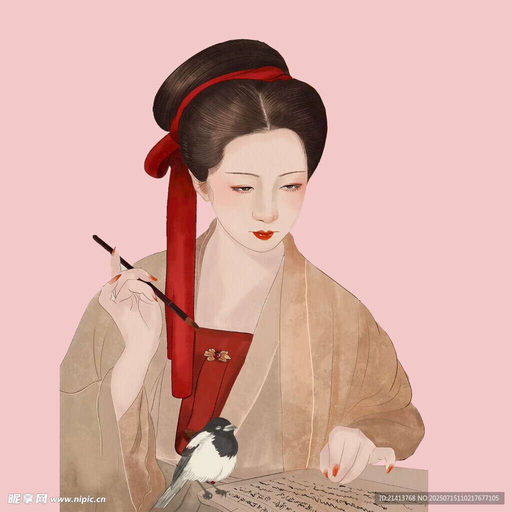 古风女子持笔抚琴图