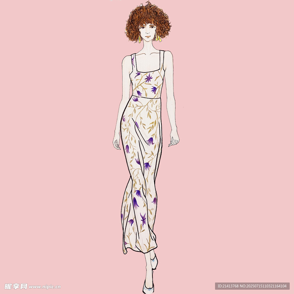 复古花纹长裙时尚插画