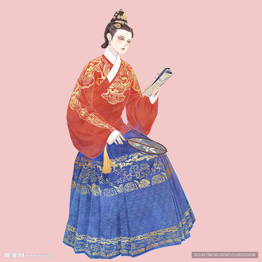 古典红衣女子优雅持书