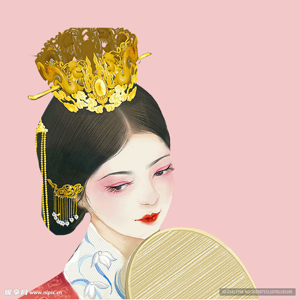古典美人持扇戴华丽头饰