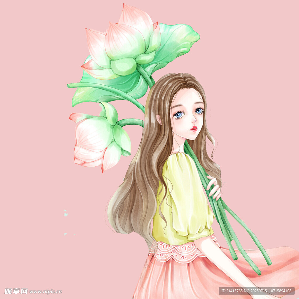 持荷少女  梦幻粉色系插画