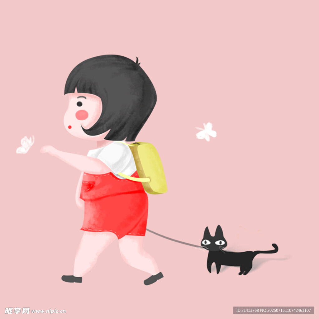 女孩牵猫快乐出行