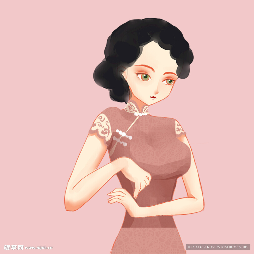 复古旗袍女子优雅姿态