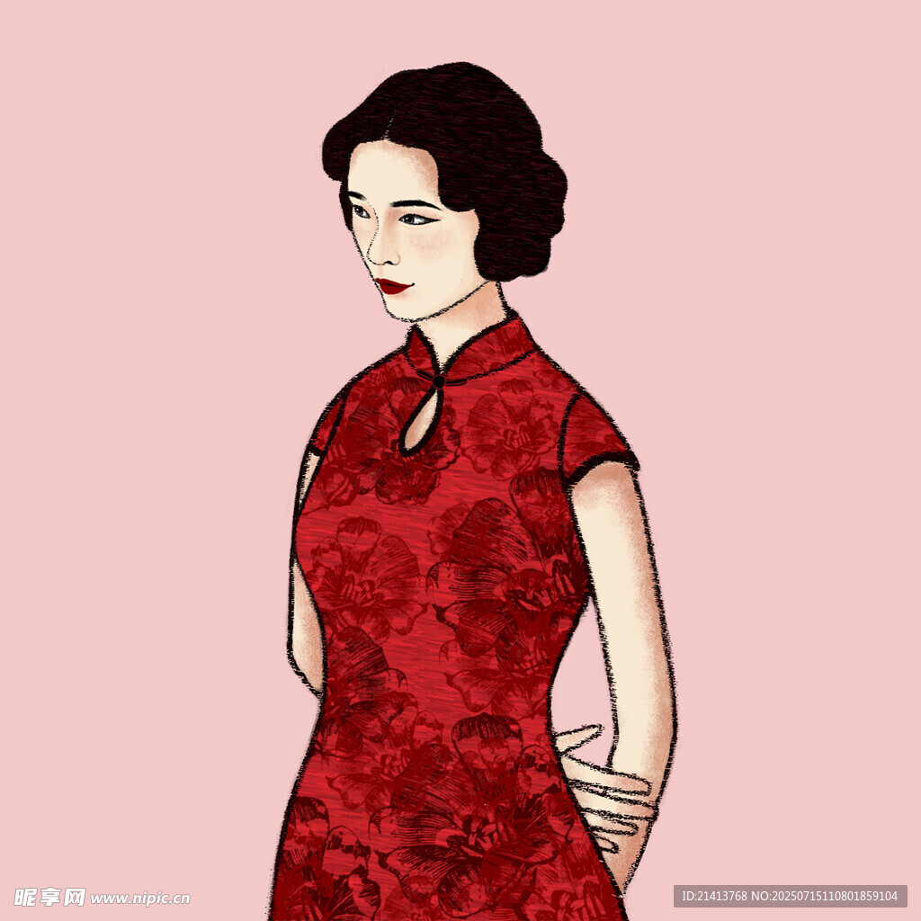复古旗袍女子优雅侧影