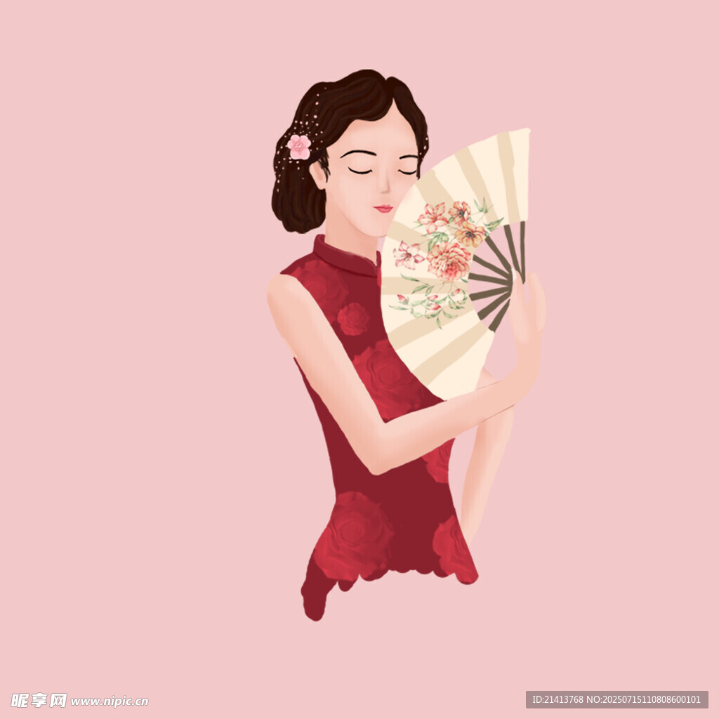 红衣女子持扇优雅姿态