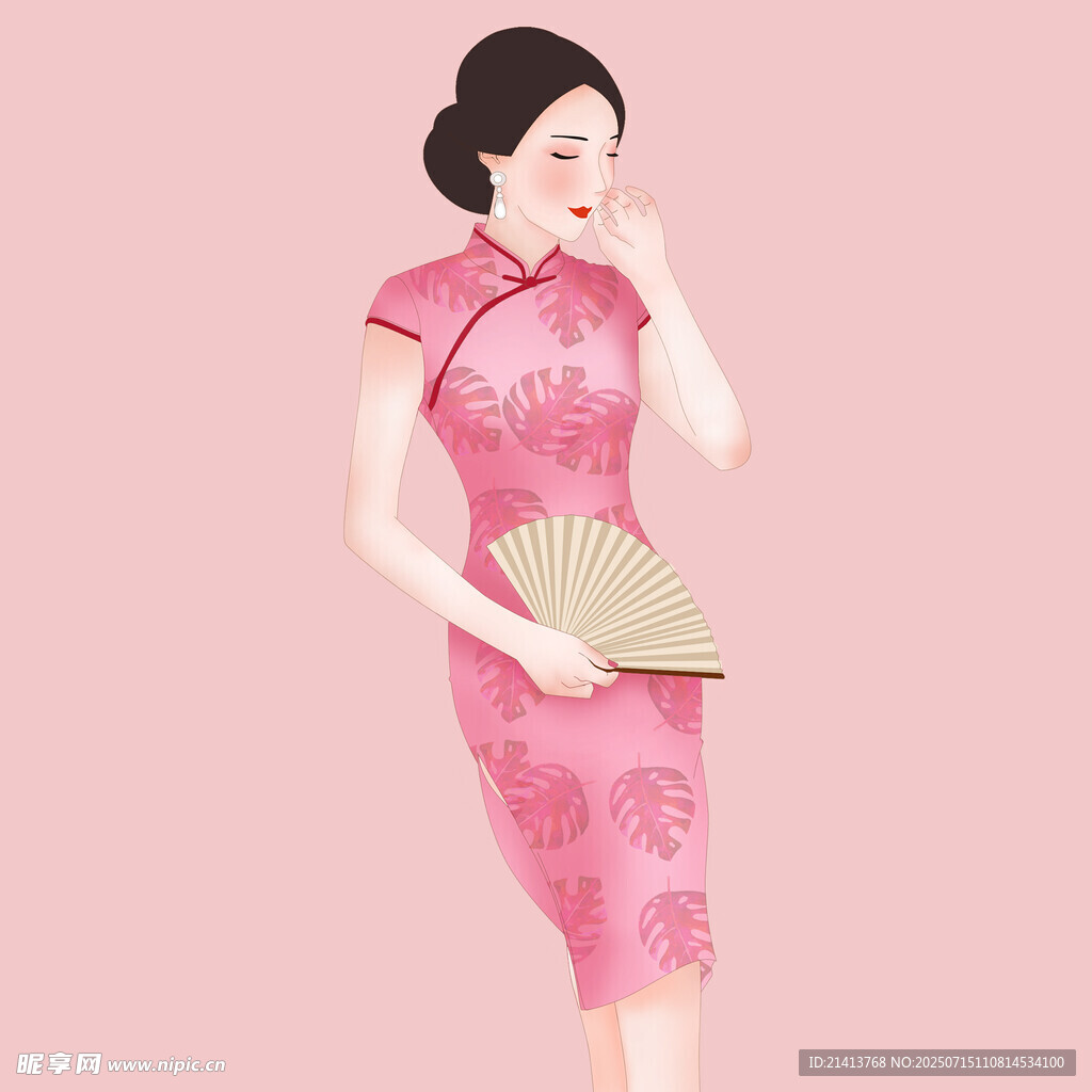优雅女子身着粉色旗袍持扇