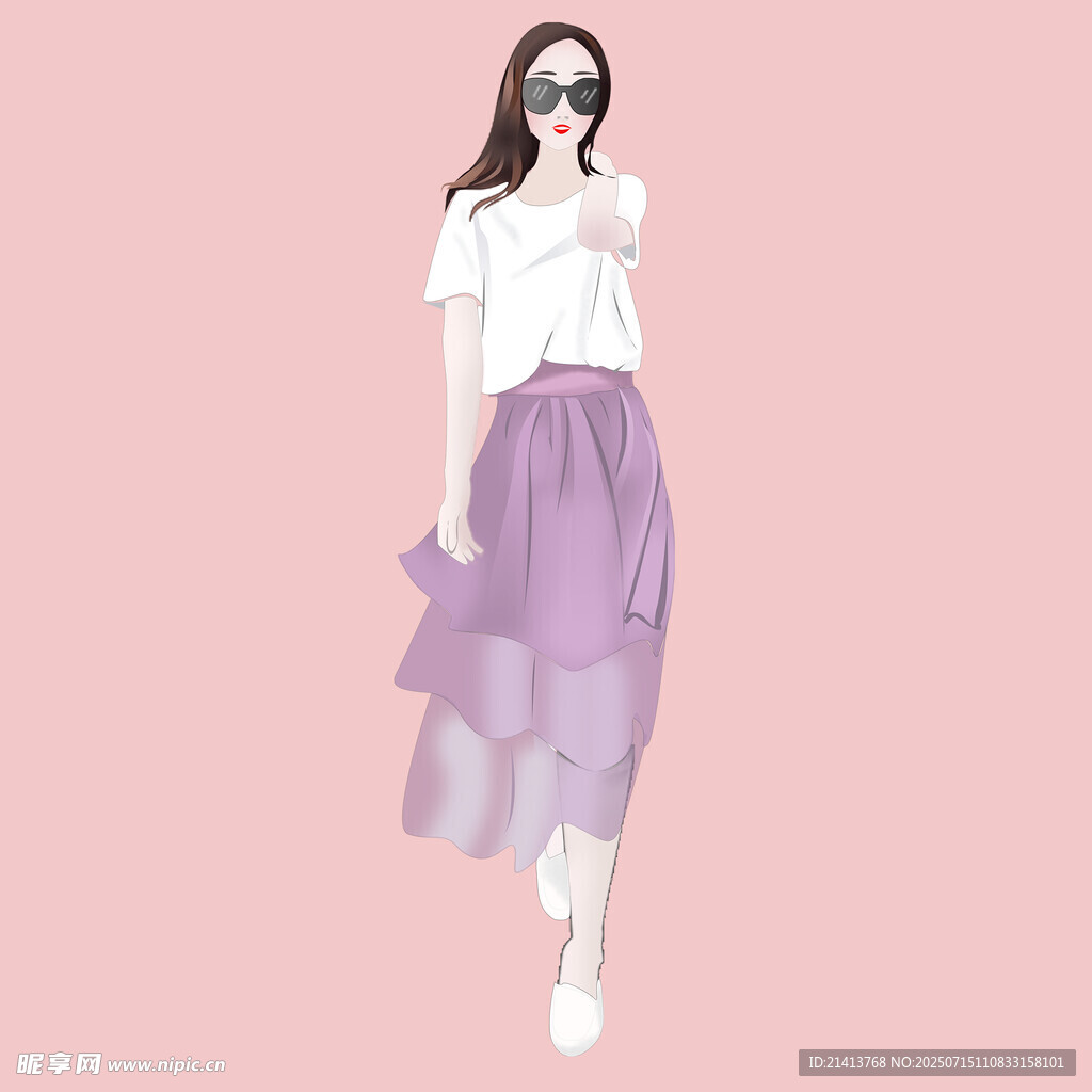 时尚女士身着白上衣紫纱裙