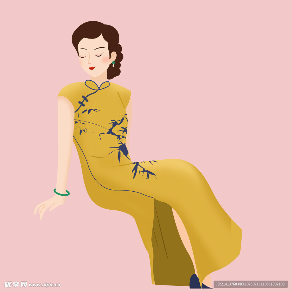 优雅旗袍女子坐姿插画