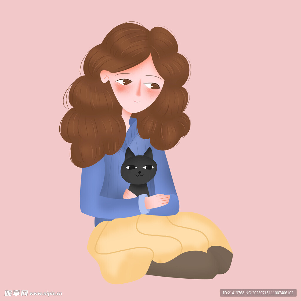 女孩与黑猫温馨相伴