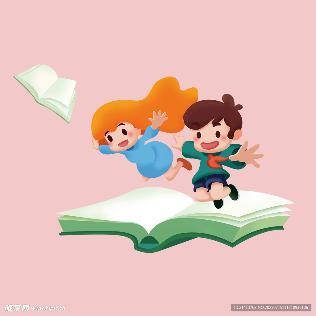 儿童在书本上快乐飞翔
