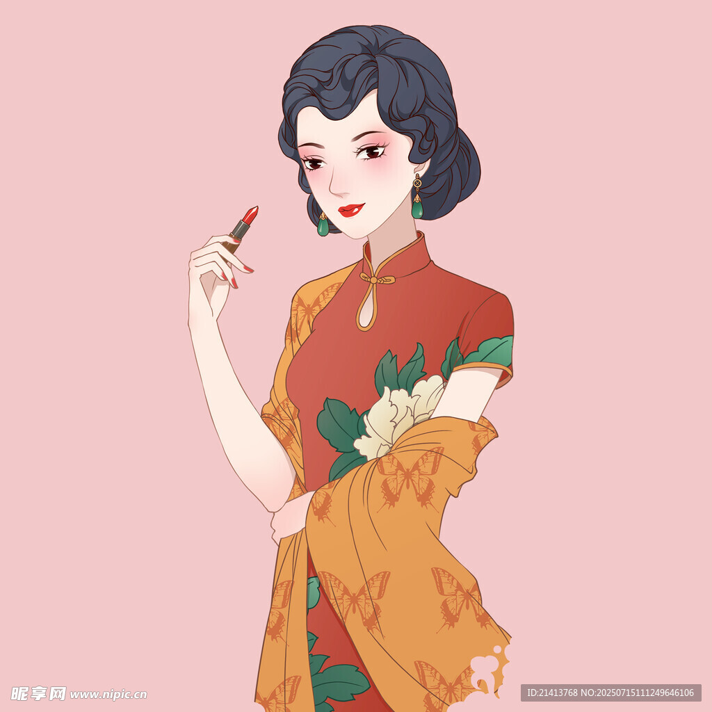 复古旗袍女子优雅持口红