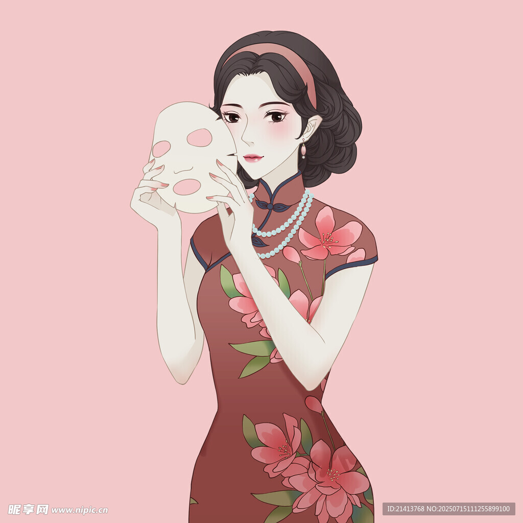 旗袍女子手持面具
