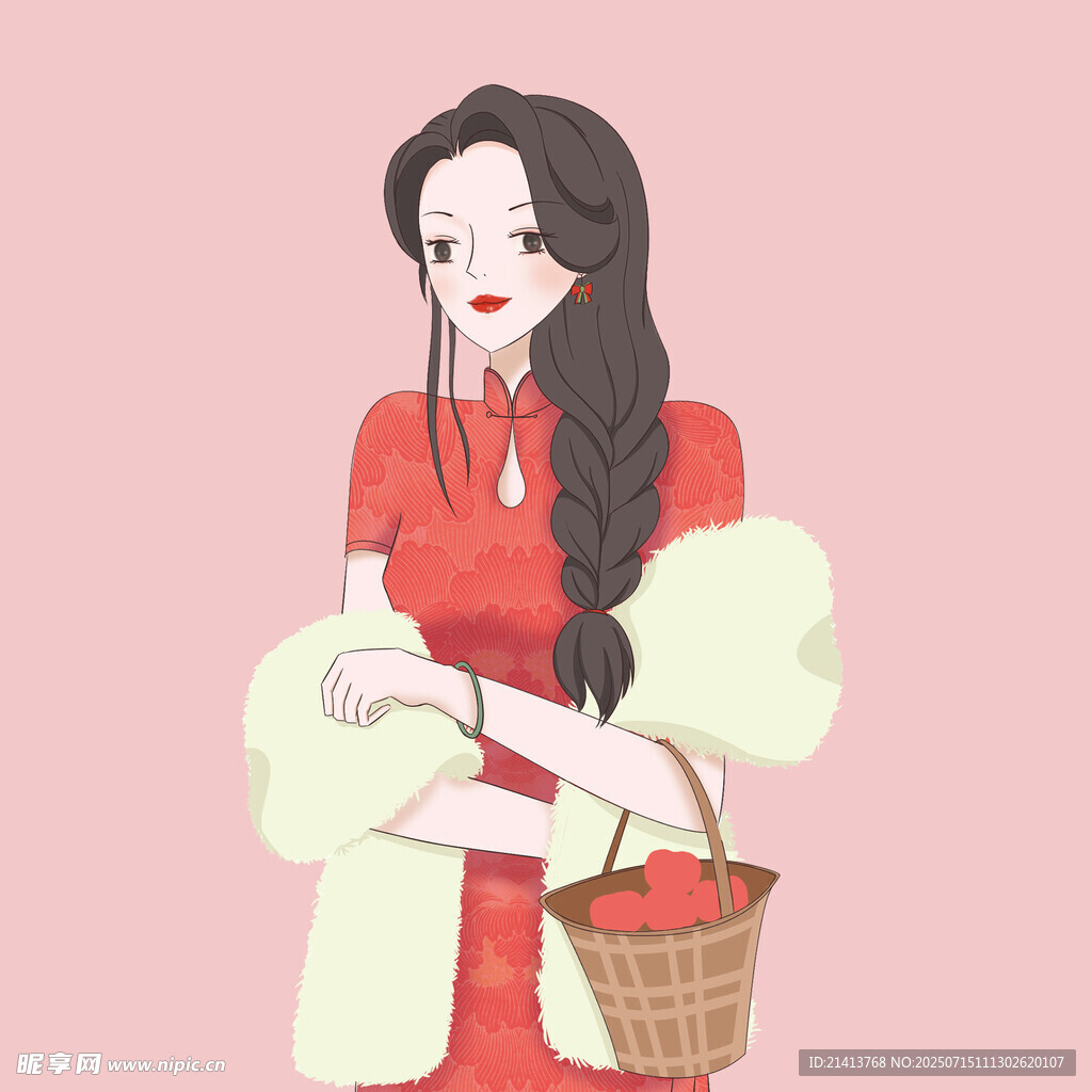 红衣女子手提竹篮