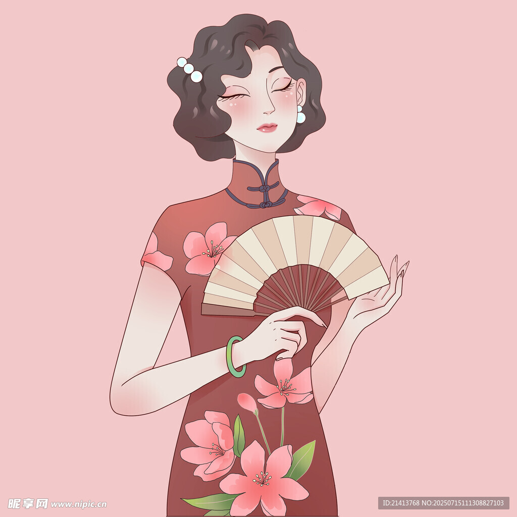 手持折扇的复古旗袍女子