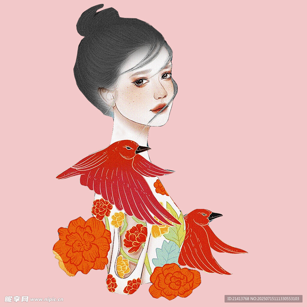 古风女子与花鸟插画