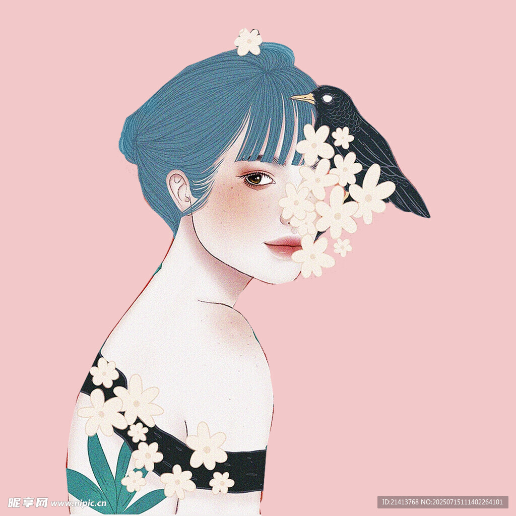 蓝发少女与花卉唯美插画