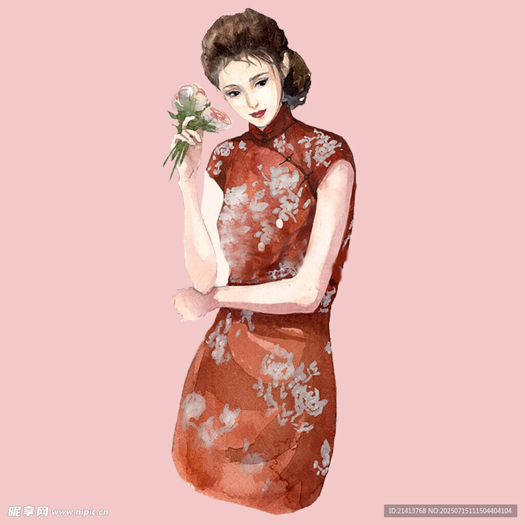 复古旗袍女子手持花束