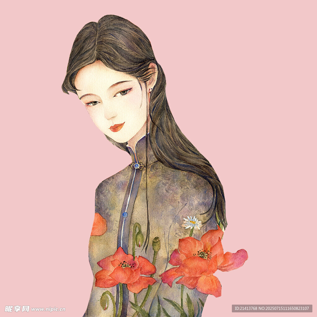 古风旗袍女子与艳丽花朵