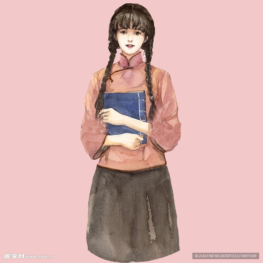 民国风少女抱书形象