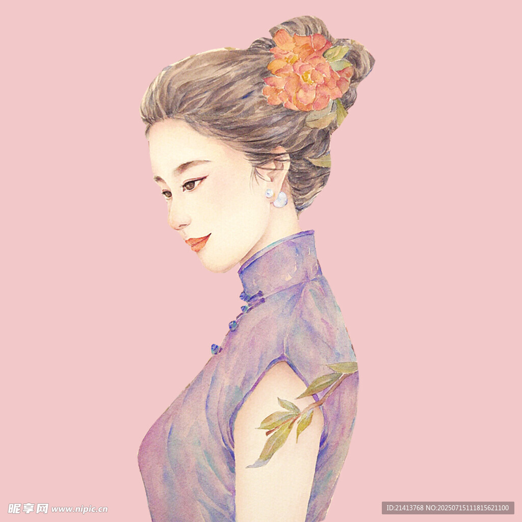 古典旗袍女子  发髻簪花