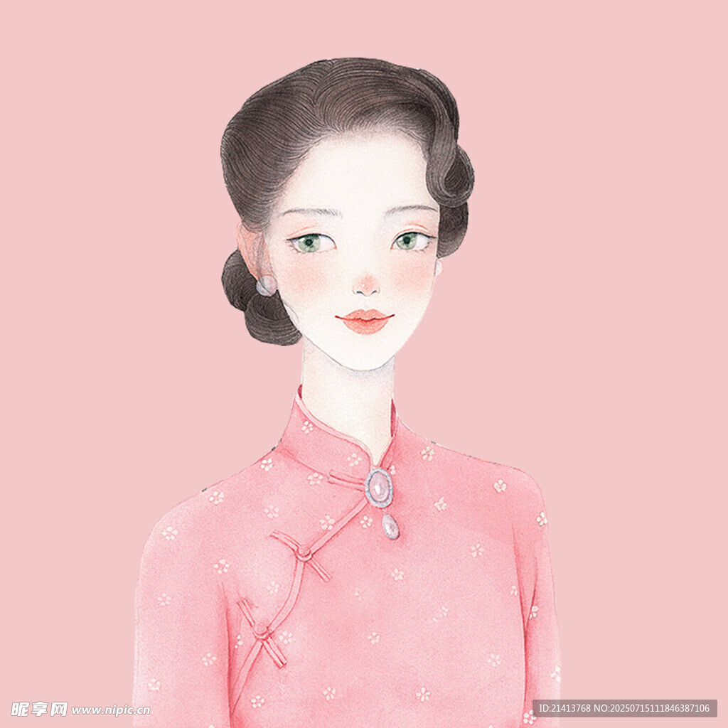 身着粉旗袍的古典女子