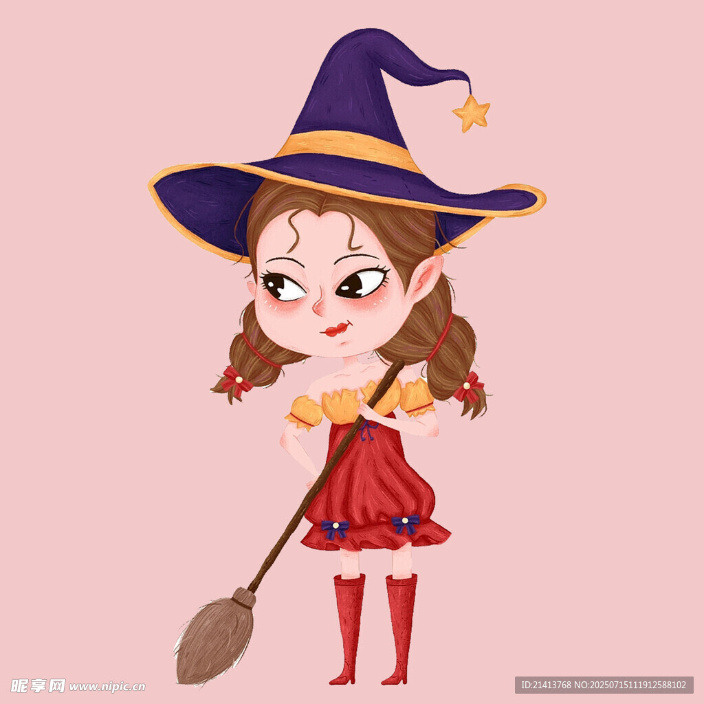 可爱小女巫持扫帚施法