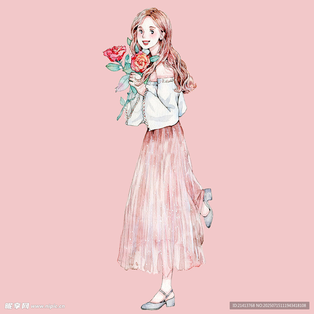 手持玫瑰的梦幻长裙少女