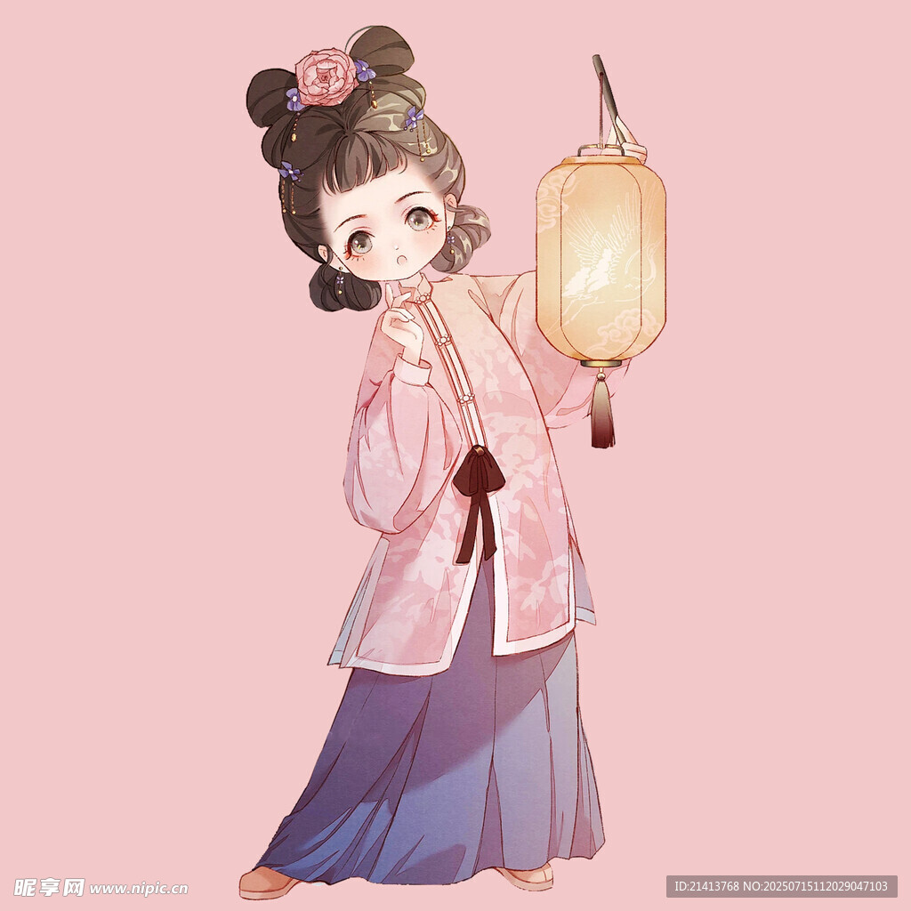 古风少女持灯笼赏景