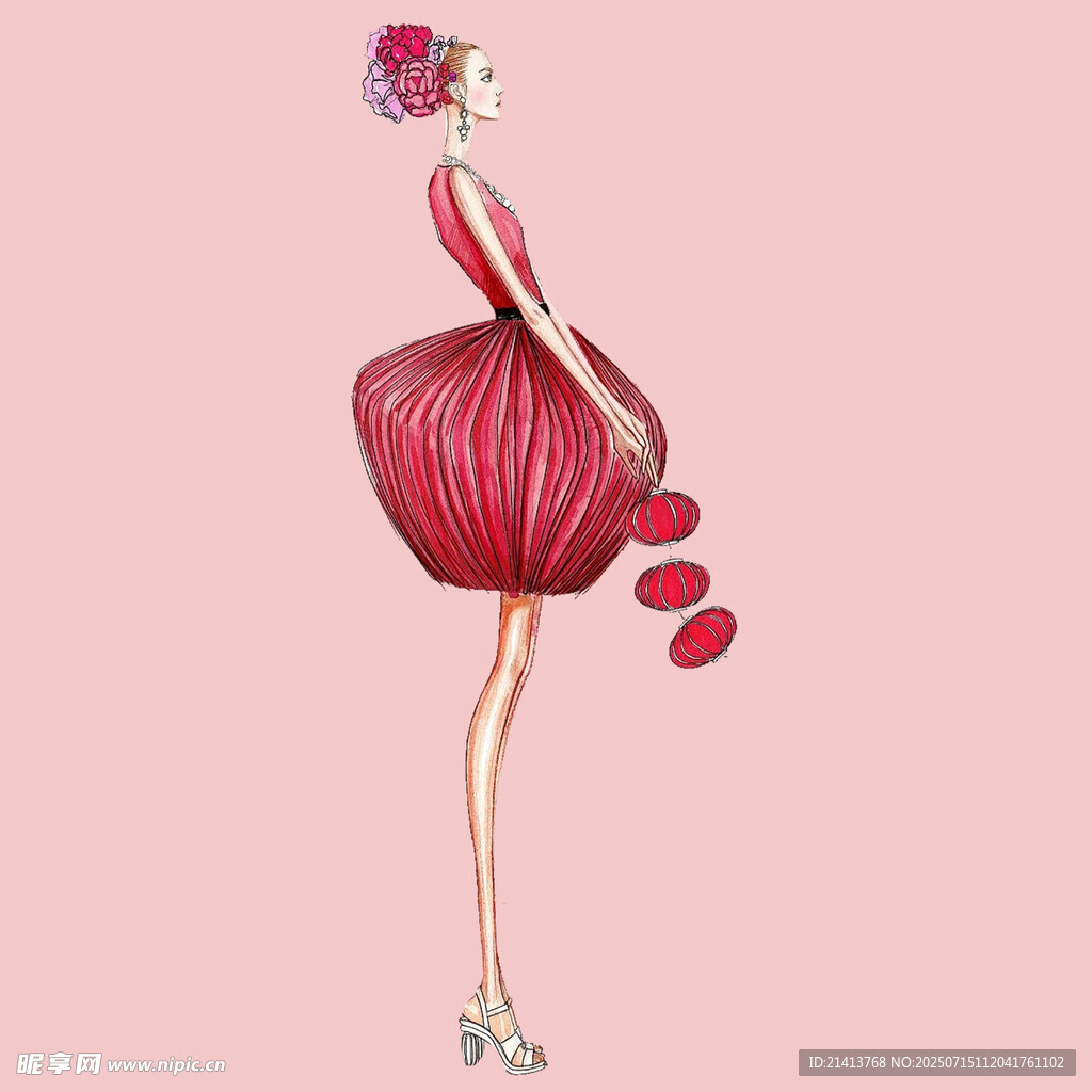 时尚插画风的优雅红衣女郎