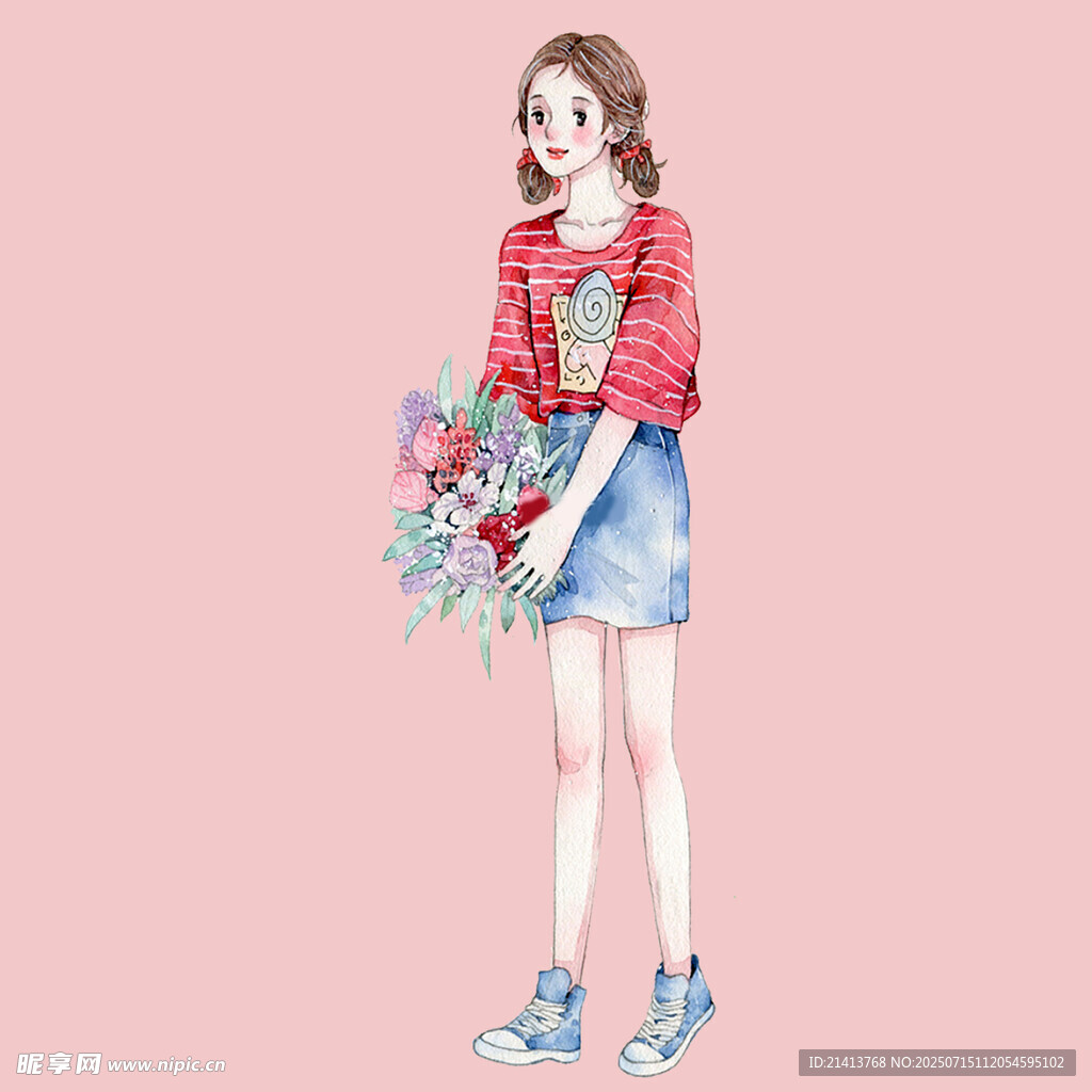 手持花束的时尚少女