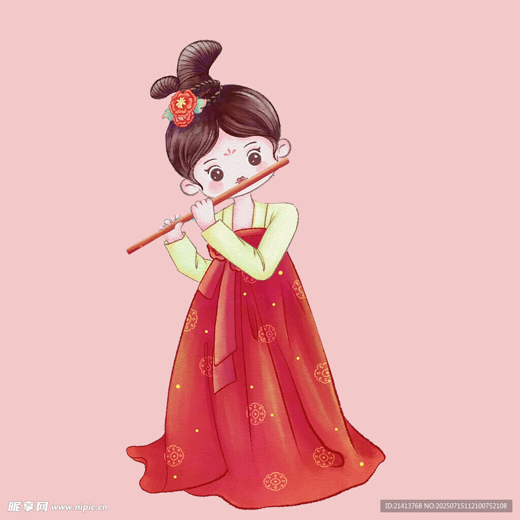 红衣少女吹笛图